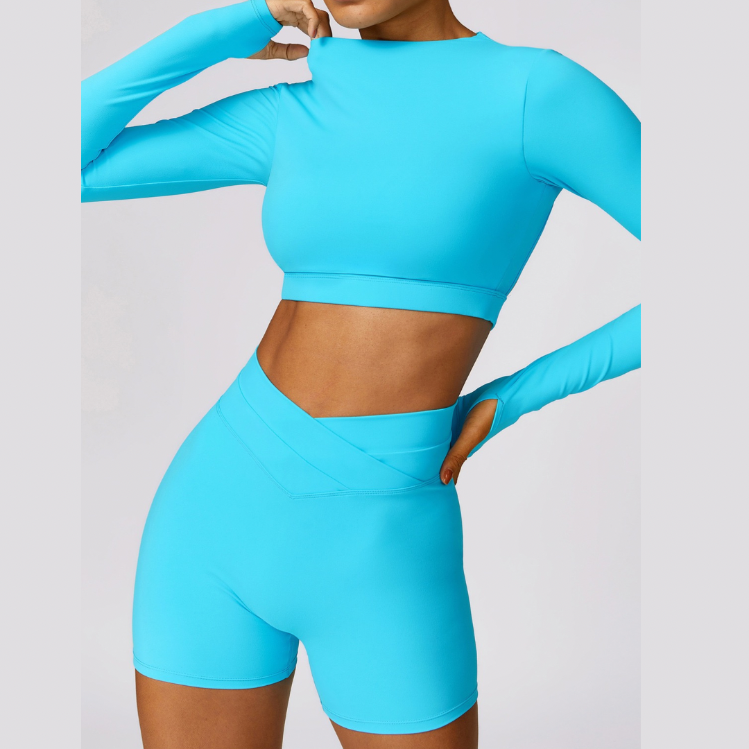 Elegant Long Sleeve Premium Short Set - Blue