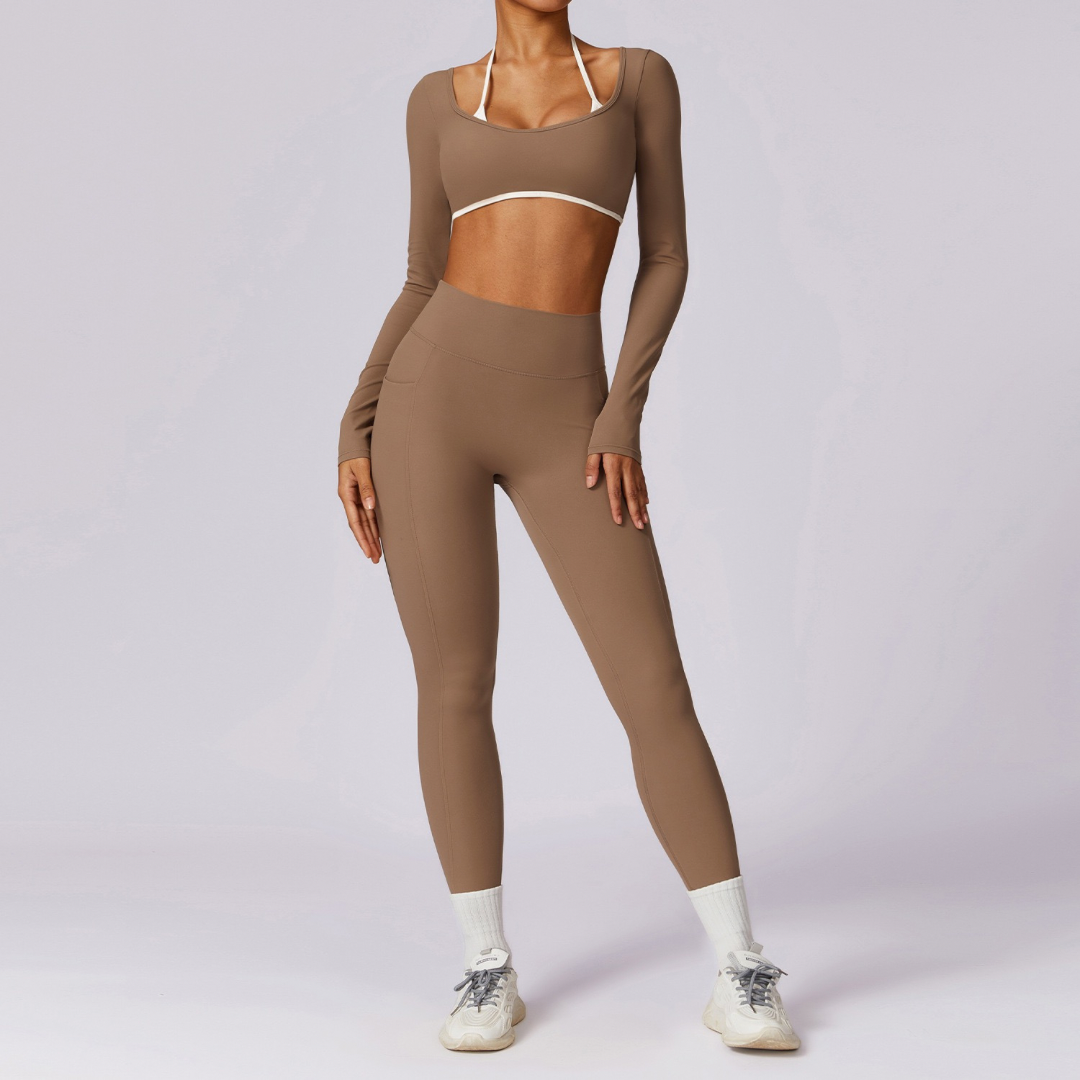 Long Sleeve Backless V-Shape Legging Set - Almond