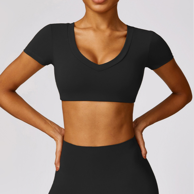 Premium κοντομάνικο Crop Top - Μαύρο 