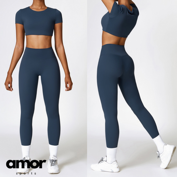 Comfy Short Sleeve Crop Top Legging Set - Navy Blue