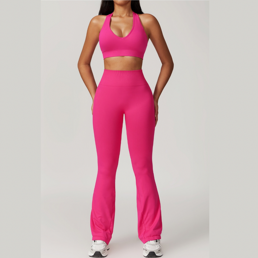 V-Neck Stylish Scrunched Flared Legging Set - Magenta