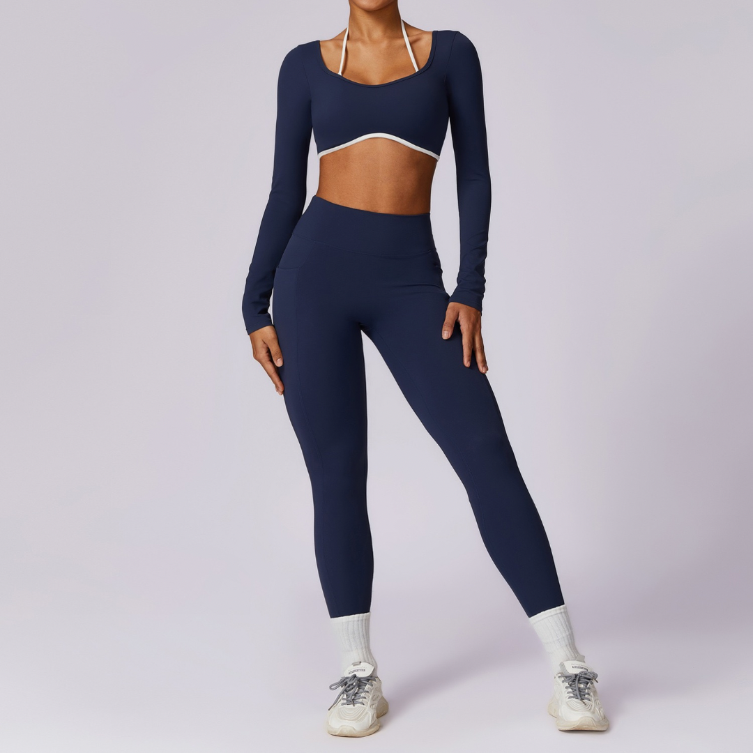 Long Sleeve Backless V-Shape Legging Set - Navy