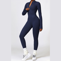 Zipped Long-sleeve Knit Jumpsuit - Navy Blue