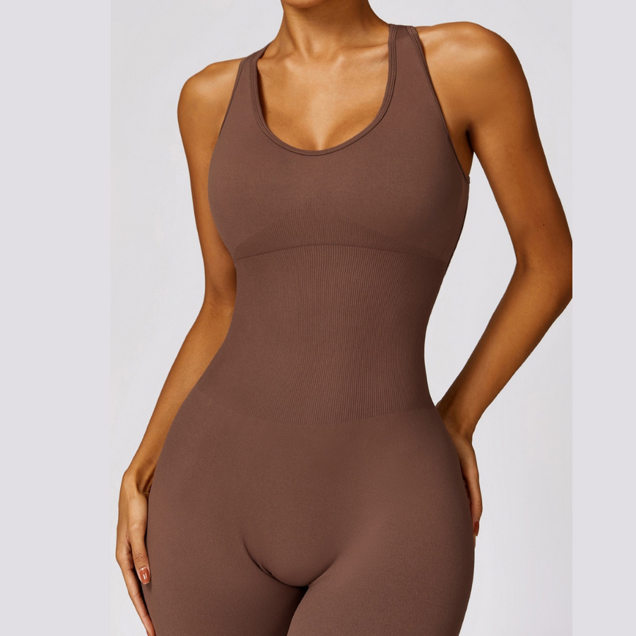 Seamless Cross Back Stylish Jumpsuit - Coffee