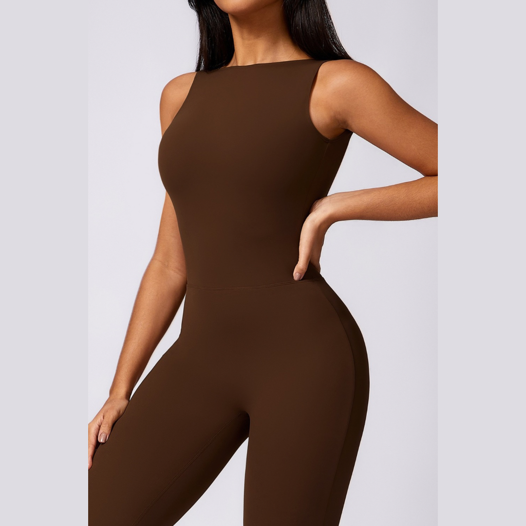 Adina Sexy Scrunch Backless Jumpsuit - Coffee