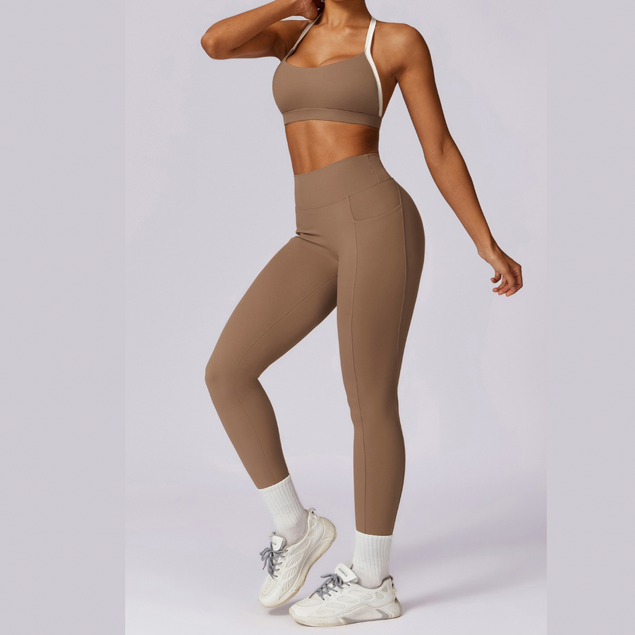 White Strap Backless V-Shape Legging Set - Almond