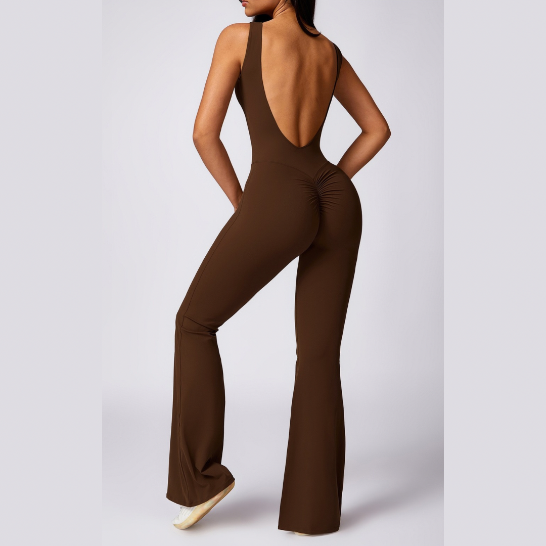 Adina Sexy Scrunch Backless Jumpsuit - Coffee