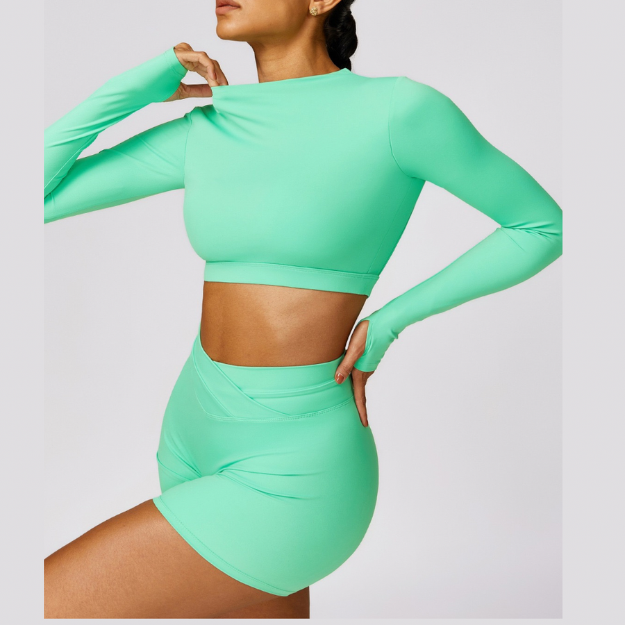 Elegant Long Sleeve Premium Short Set - Electric Green