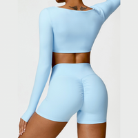 Stylish Long-Sleeve Top Scrunched Short Set - Blue