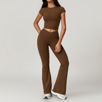 Sustainable Short Sleeve Flared Legging Set - Coffee