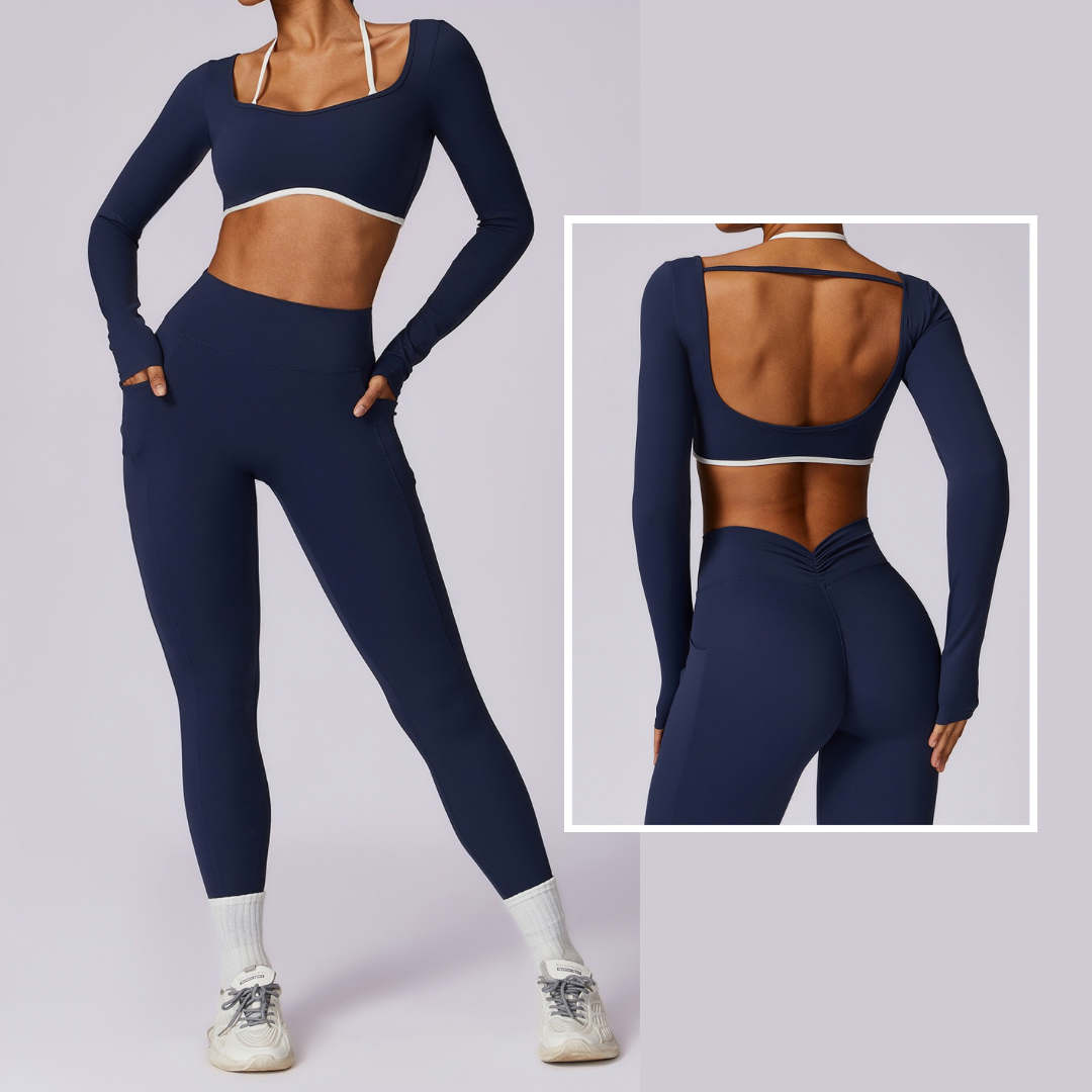 Long Sleeve Backless V-Shape Legging Set - Navy