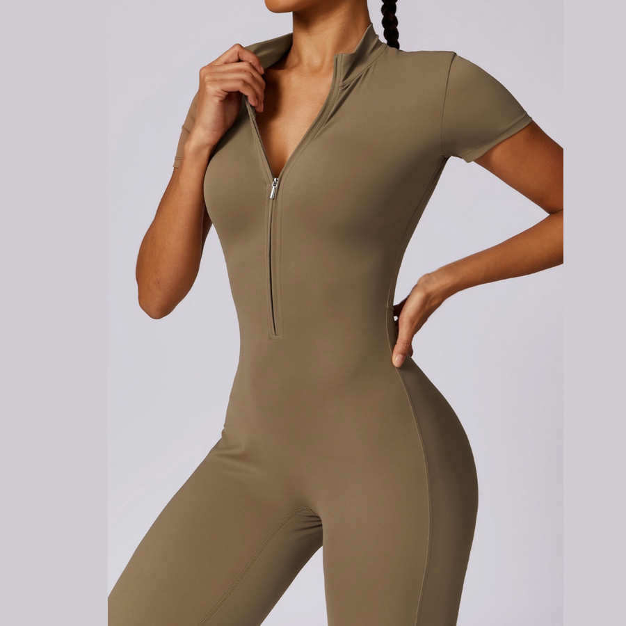 Classic Short-Sleeve Zipped Jumpsuit - Khaki