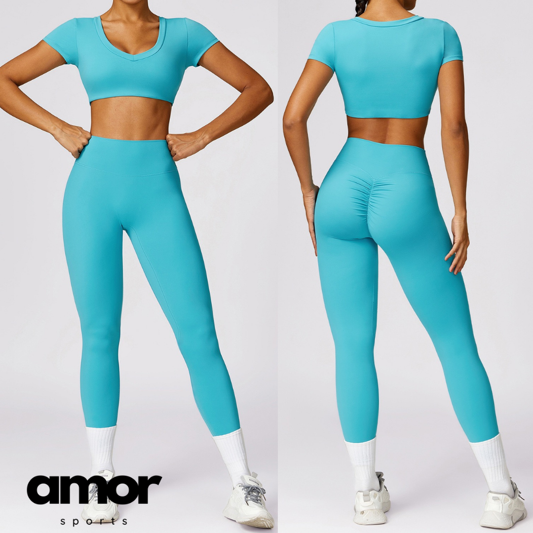 Short Sleeve Premium Scrunched Legging Set - Aqua Lake