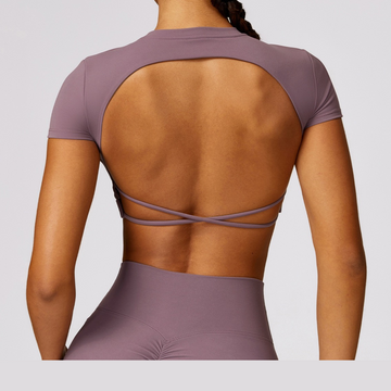 Stylish Backless Design Short Sleeve Crop Top - Smoky Rose