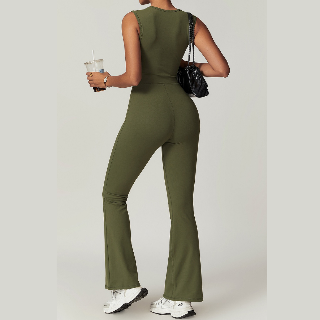 CATHY V-Shape Top Flared Bottom Jumpsuit - Olive