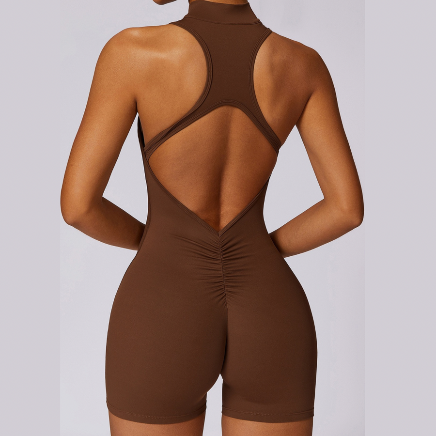 Stylish Zipper Scrunched Romper - Brown