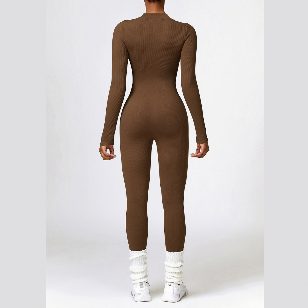 Zipped Long-sleeve Knit Jumpsuit - Coffee Brown