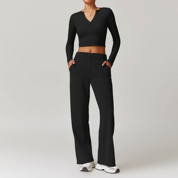 VERA Long Sleeve Top with Pants Set - Black