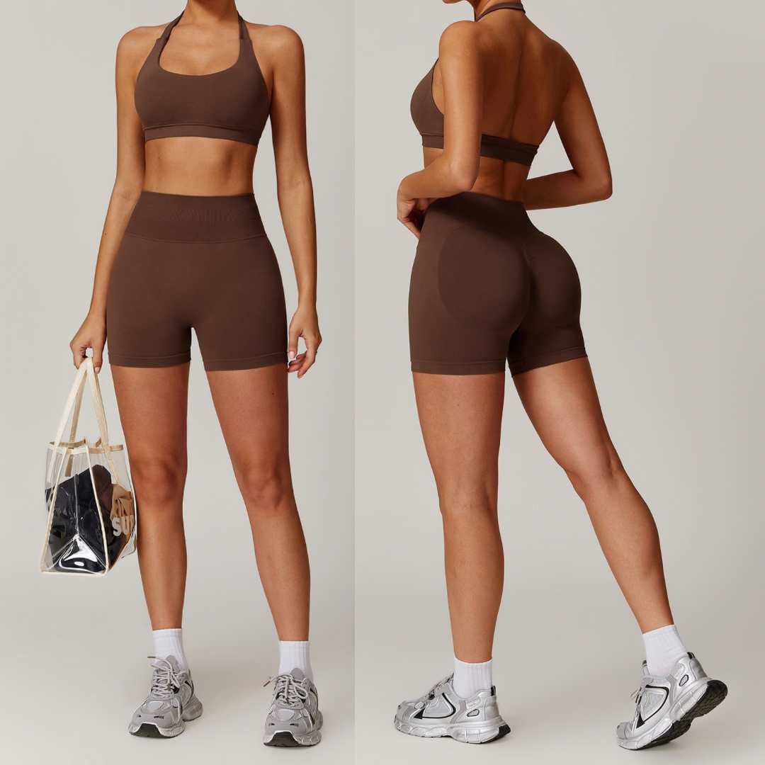 SANDY Backless Top Seamless Short Set - Coffee