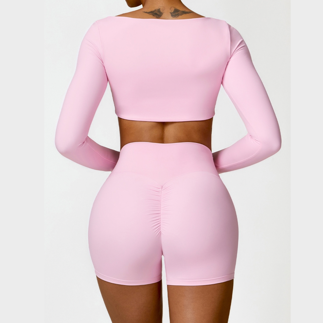 Stylish Long-Sleeve Top Scrunched Short Set - Pink