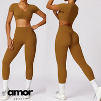 Short Sleeve Premium Scrunched Legging Set - Caramel