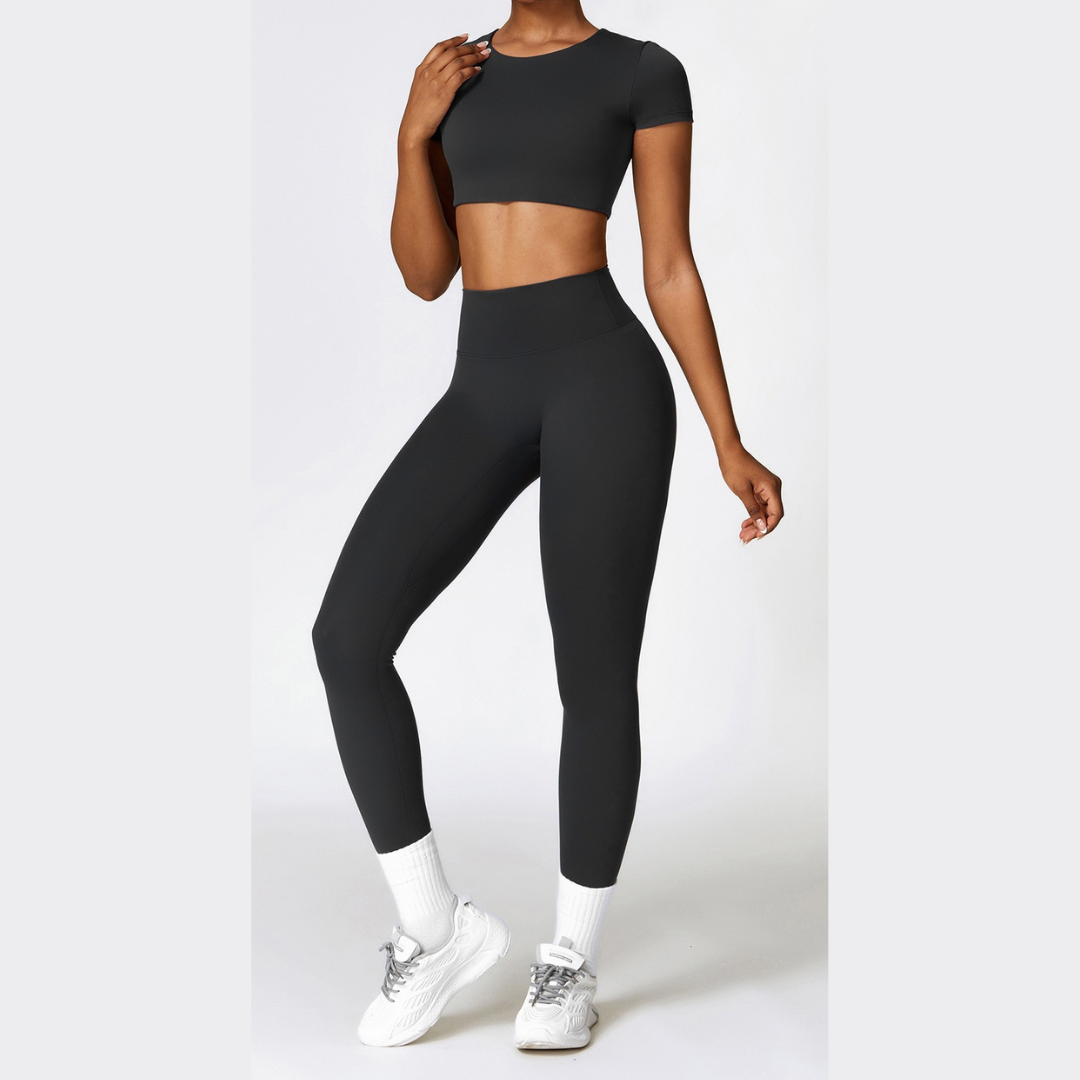 Comfy Short Sleeve Crop Top Legging Set - Black