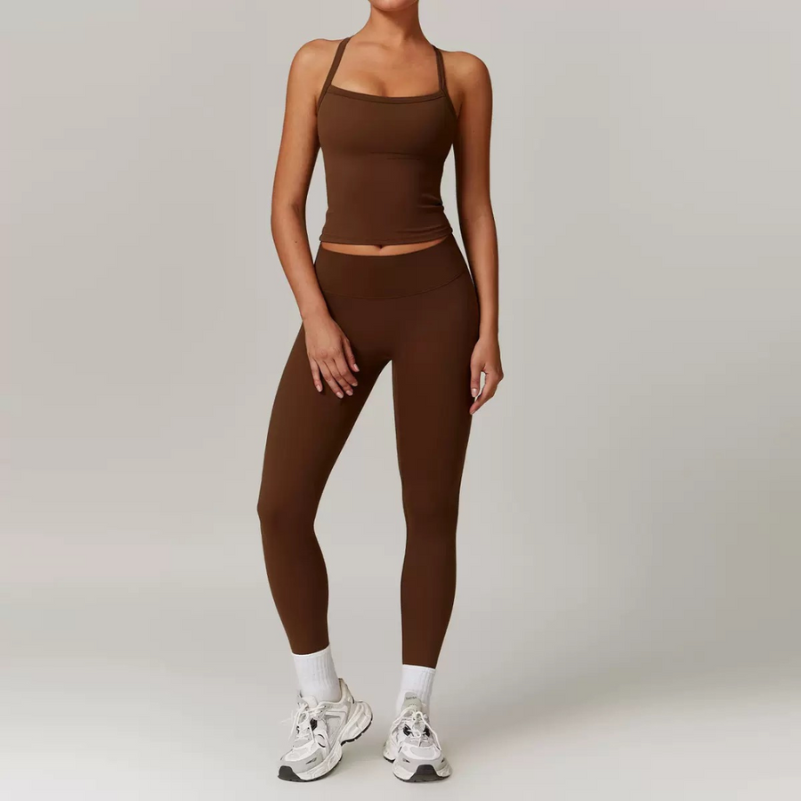 CHRISTIA Cross Back Vest Top Legging Set - Coffee