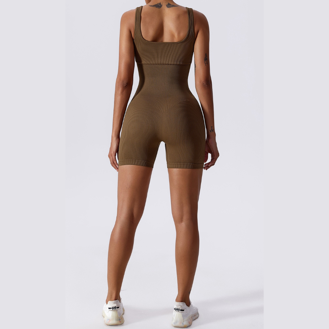 Short Design Classic Ribbed Romper - Coffee