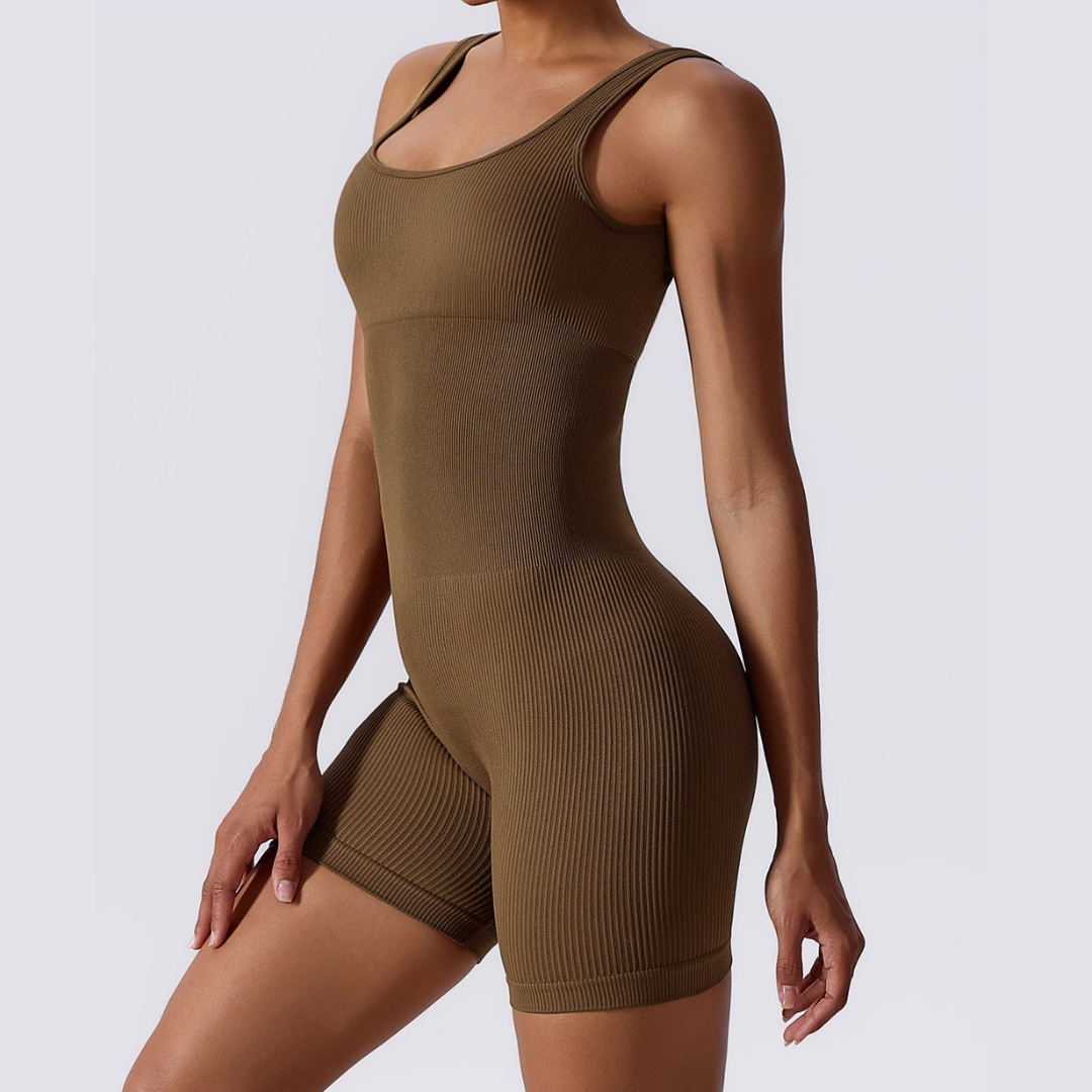 Short Design Classic Ribbed Romper - Coffee