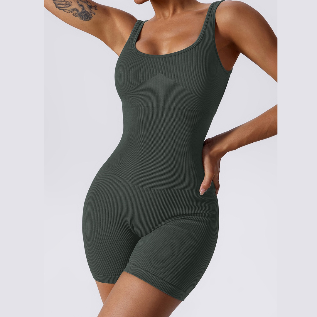 Short Design Classic Ribbed Romper - Green Grey