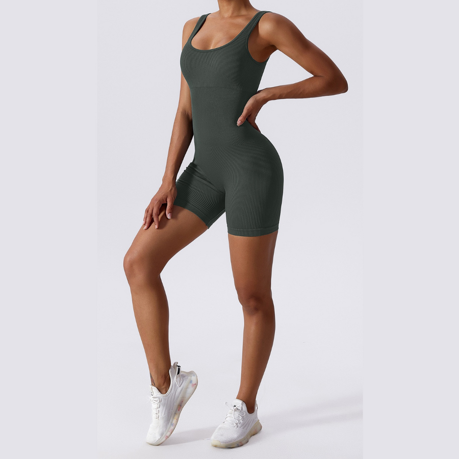 Short Design Classic Ribbed Romper - Green Grey