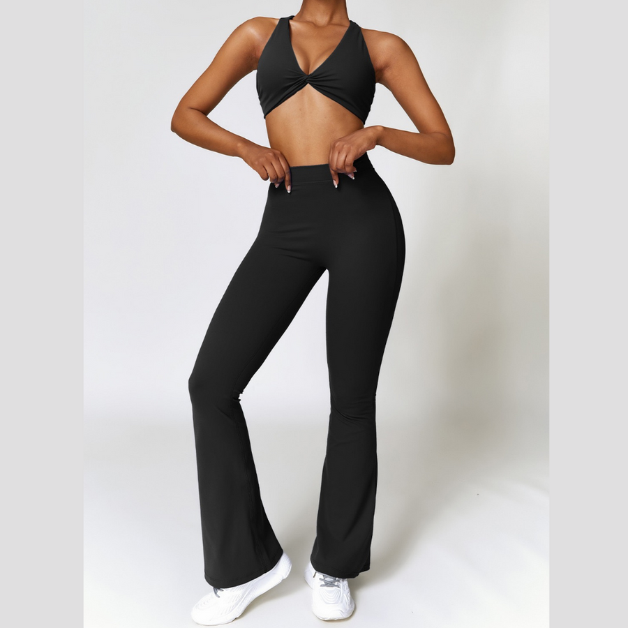 Stylish Top V-Shape Scrunched Bell Bottom Legging Set - Black