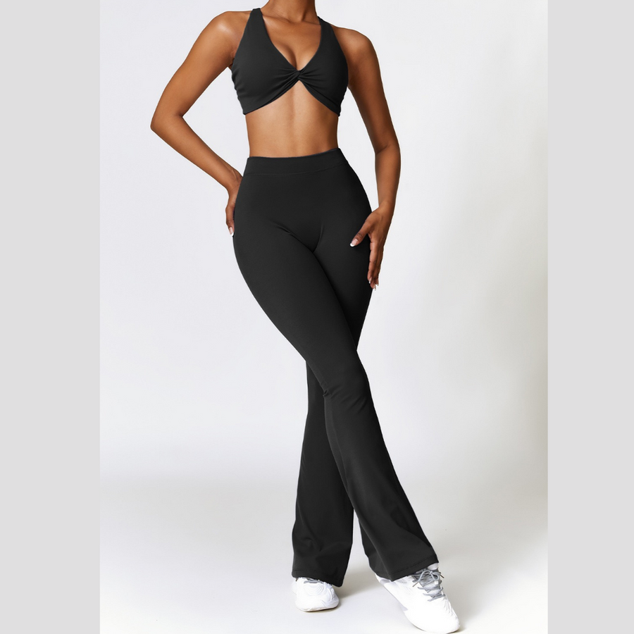 Stylish Top V-Shape Scrunched Bell Bottom Legging Set - Black