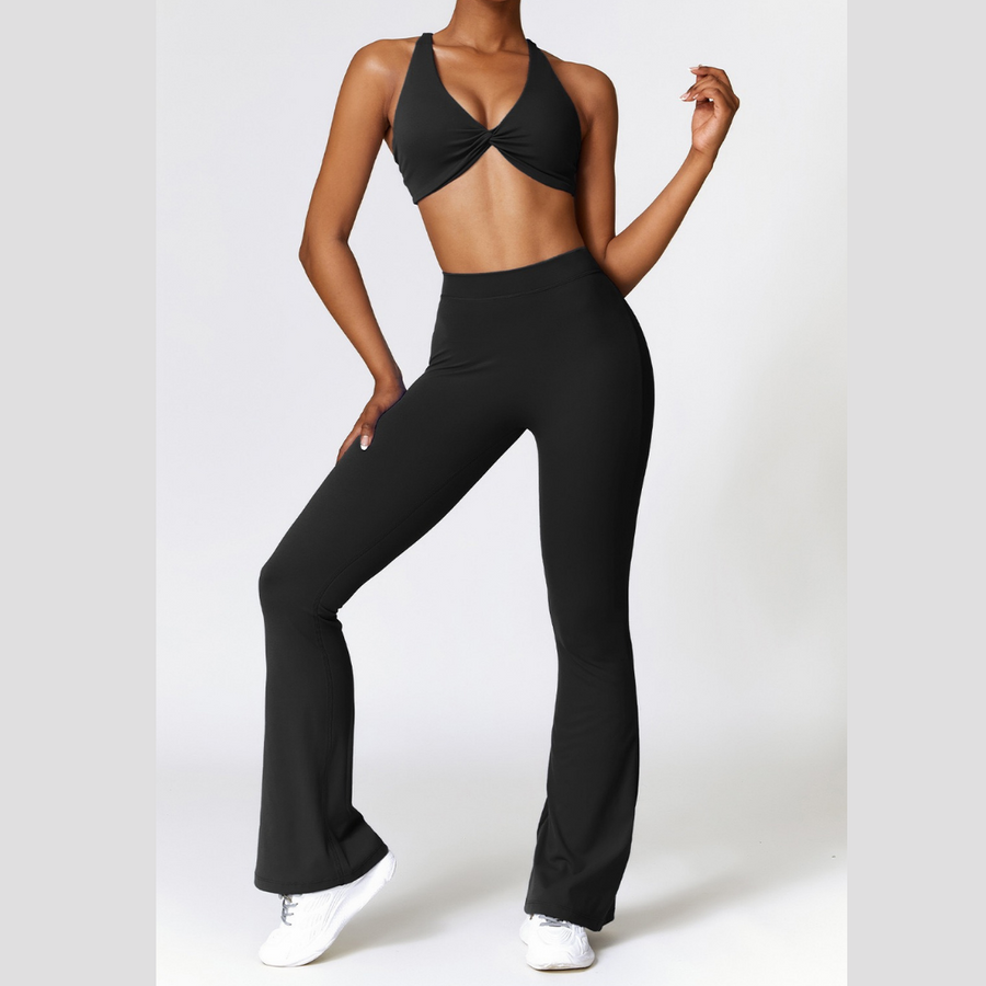 Stylish Top V-Shape Scrunched Bell Bottom Legging Set - Black