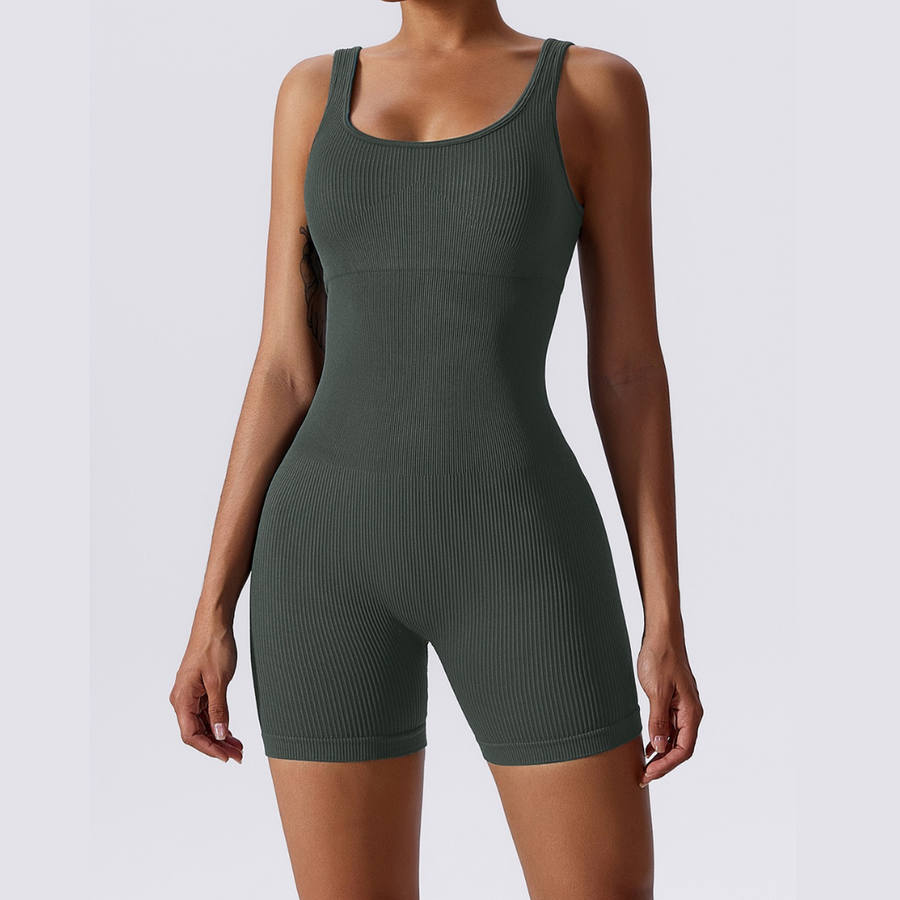 Short Design Classic Ribbed Romper - Green Grey