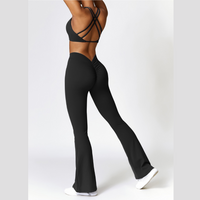 Stylish Top V-Shape Scrunched Bell Bottom Legging Set - Black