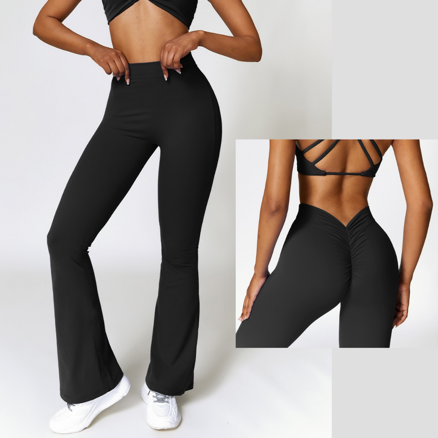 Deep V Scrunched Bell Bottom Legging - Black