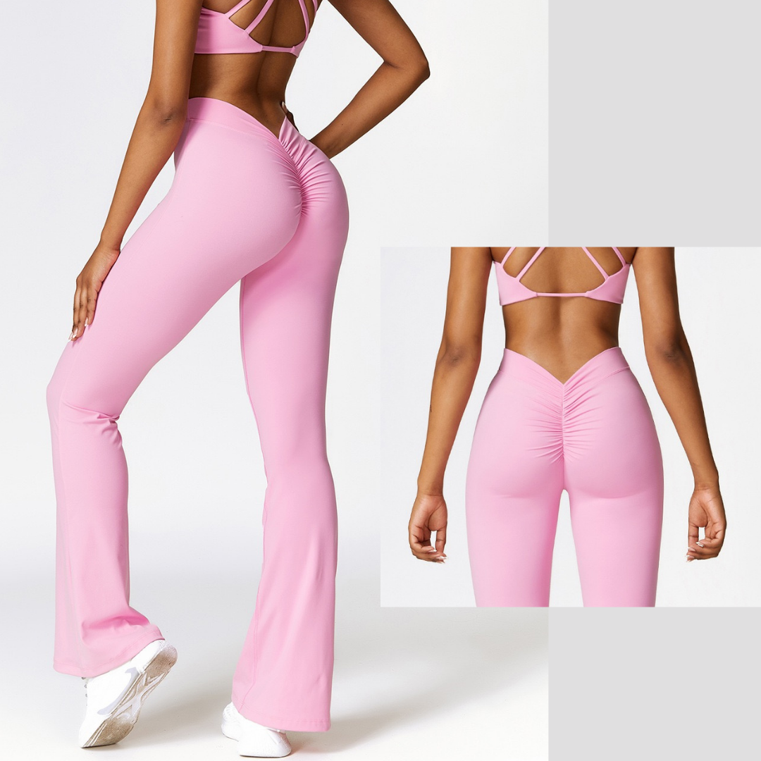 Deep V Scrunched Bell Bottom Legging - Pink