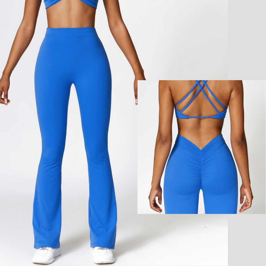 Deep V Scrunched Bell Bottom Legging - Blue