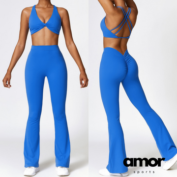 Stylish Top V-Shape Scrunched Bell Bottom Legging Set - Blue