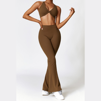 Stylish Top V-Shape Scrunched Bell Bottom Legging Set - Coffee