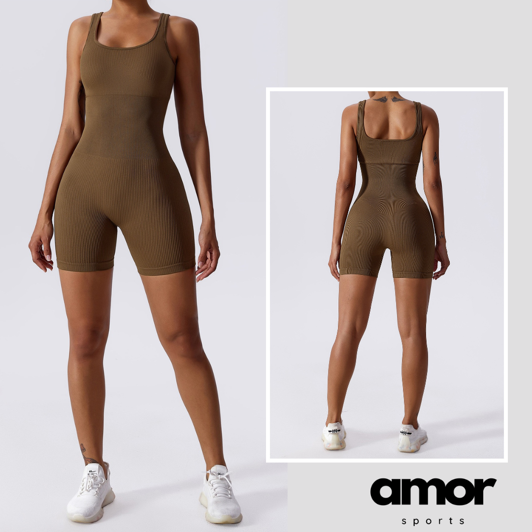 Short Design Classic Ribbed Romper - Coffee