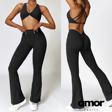 Stylish Top V-Shape Scrunched Bell Bottom Legging Set - Black