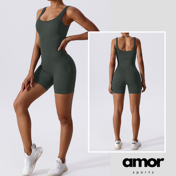 Short Design Classic Ribbed Romper - Green Grey