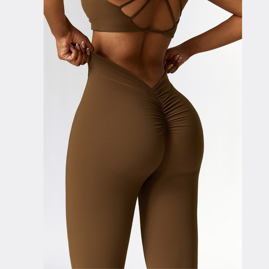 Deep V Scrunched Bell Bottom Legging - Coffee