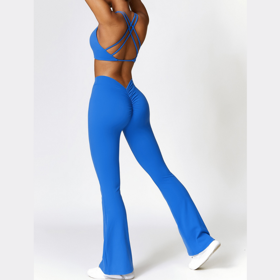 Stylish Top V-Shape Scrunched Bell Bottom Legging Set - Blue