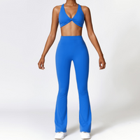 Stylish Top V-Shape Scrunched Bell Bottom Legging Set - Blue