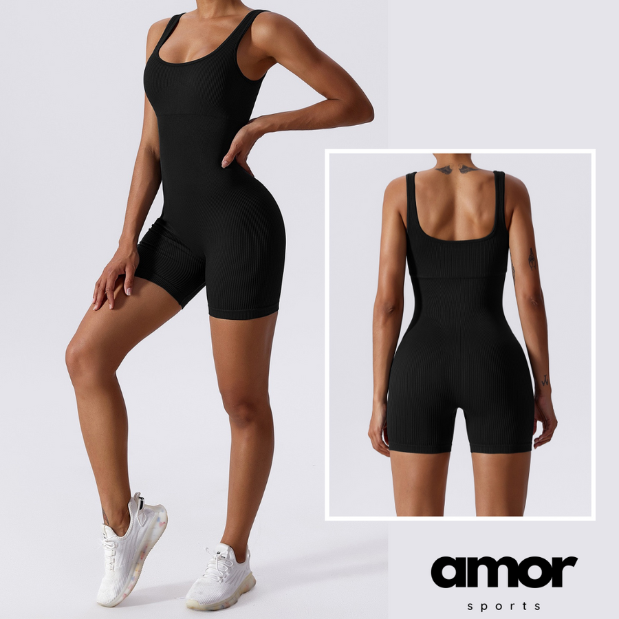 Κοντό σχέδιο Classic Ribbed Romper - Μαύρο