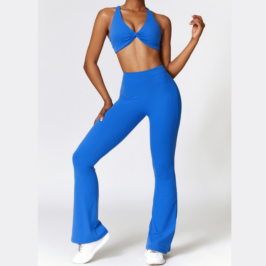 Stylish Top V-Shape Scrunched Bell Bottom Legging Set - Blue