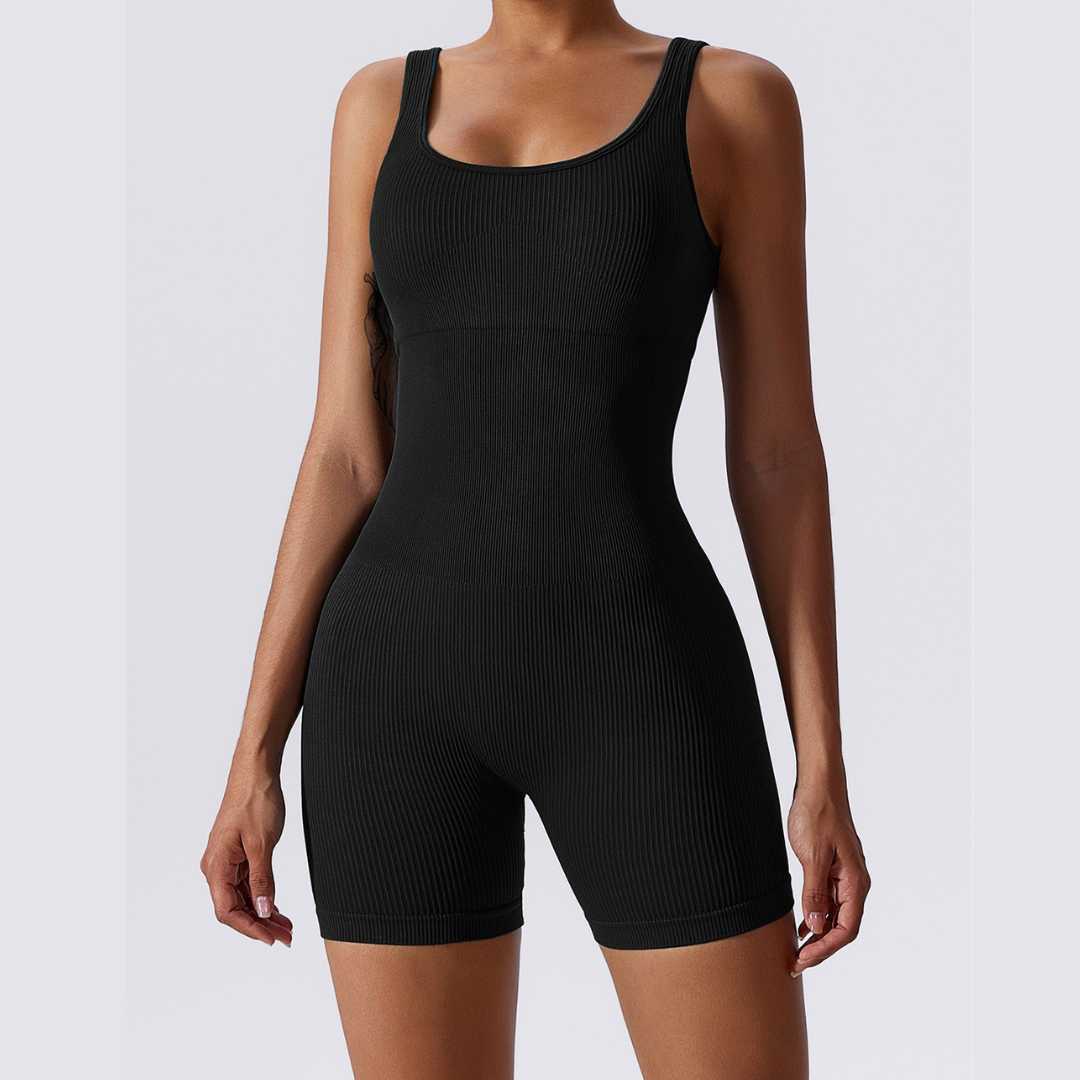 Κοντό σχέδιο Classic Ribbed Romper - Μαύρο